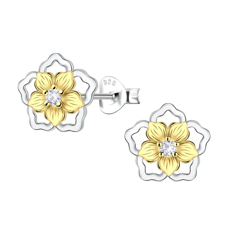 bloem zirkoon kinder oorbellen in zilver met verguld zilver - Little Ones