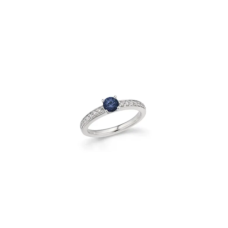 blauwe saffier diamant ring in 14 karaat witgoud 0,20 ct