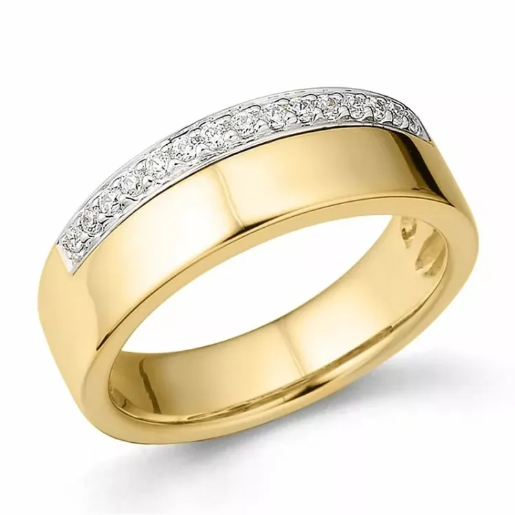 Breed diamant ring in 14 karaat goud-en witgoud 0,15 ct