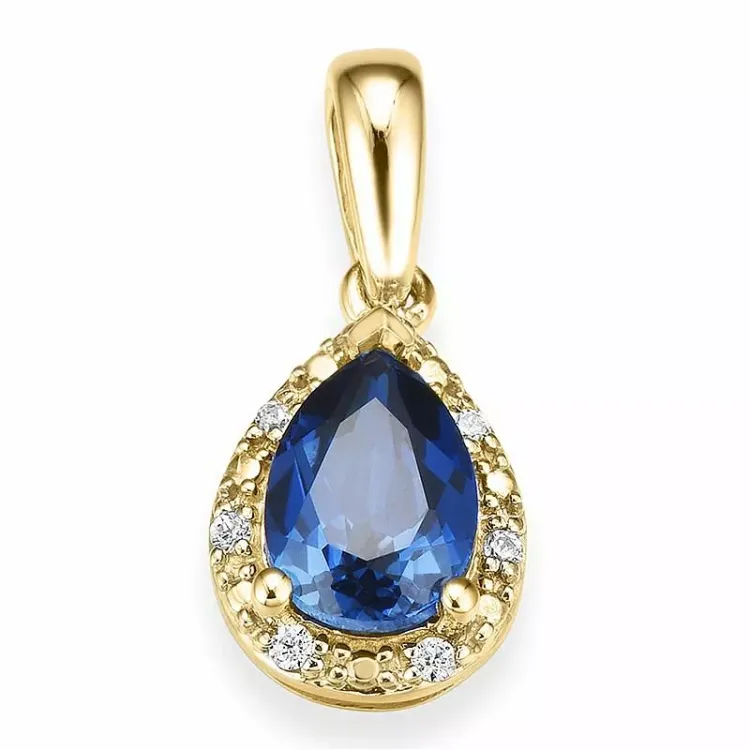 Druppelvormig saffier diamanten hanger in 14 caraat goud 0,037 ct 0,80 (5 mm x 7mm) ct