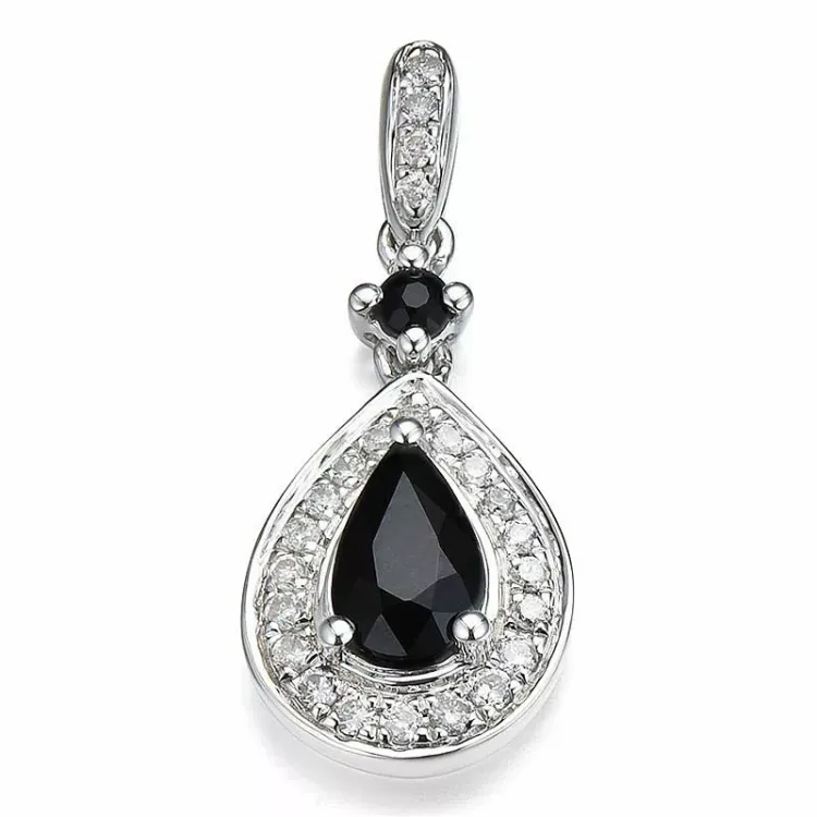 druppelvormig blauwe saffier diamanten hanger in 14 caraat witgoud 0,104 ct 0,55 ct 0,04 ct