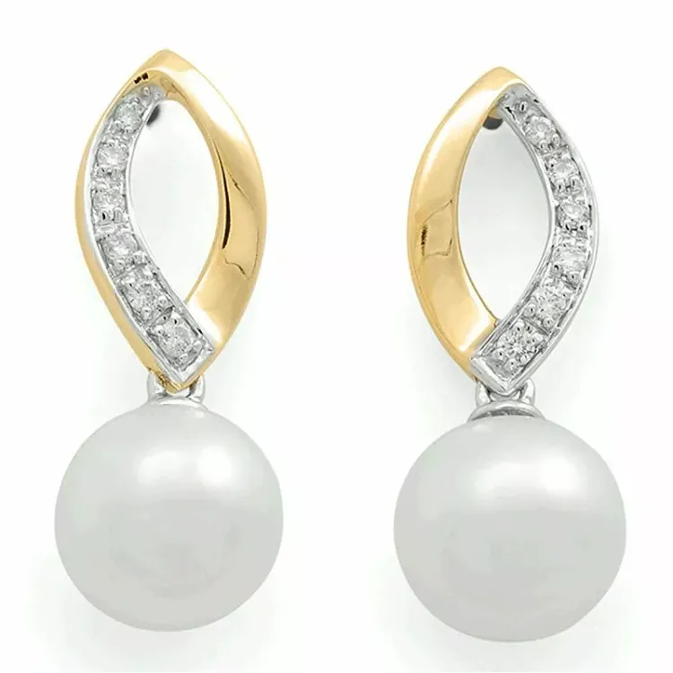 Witte parel diamant oorbellen in 14 karaat goud met rodium met diamanten