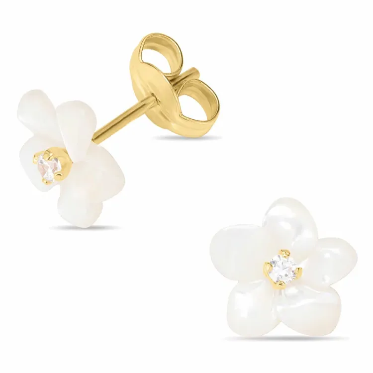 bloem oorsteker in 9 karaat goud met parelmoer en zirkoon - Gold Collection