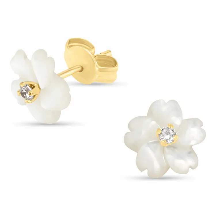 bloem oorbellen in 9 karaat goud met zirkoon en parelmoer - Gold Collection