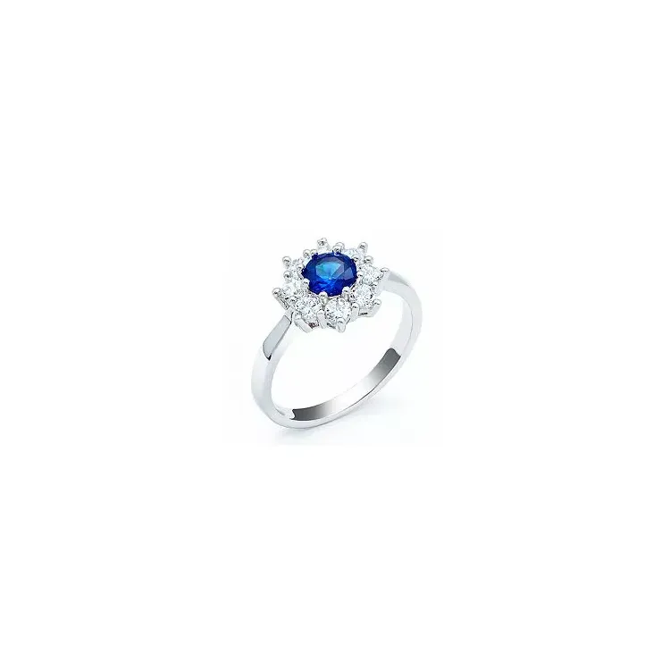 blauwe syntetische saffier rozetring in zilver