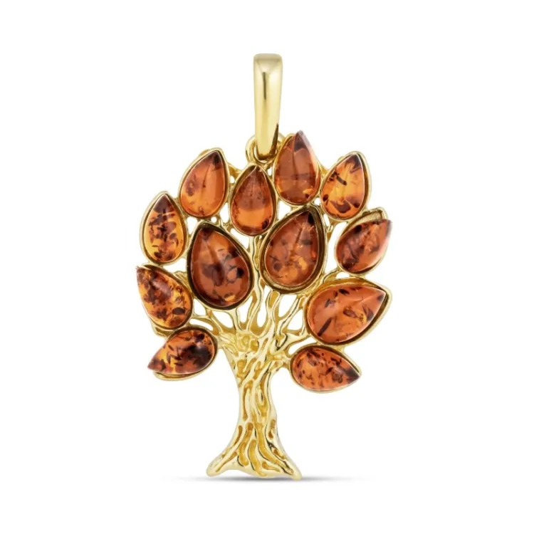 boom van het leven barnsteen hanger in verguld sterlingzilver