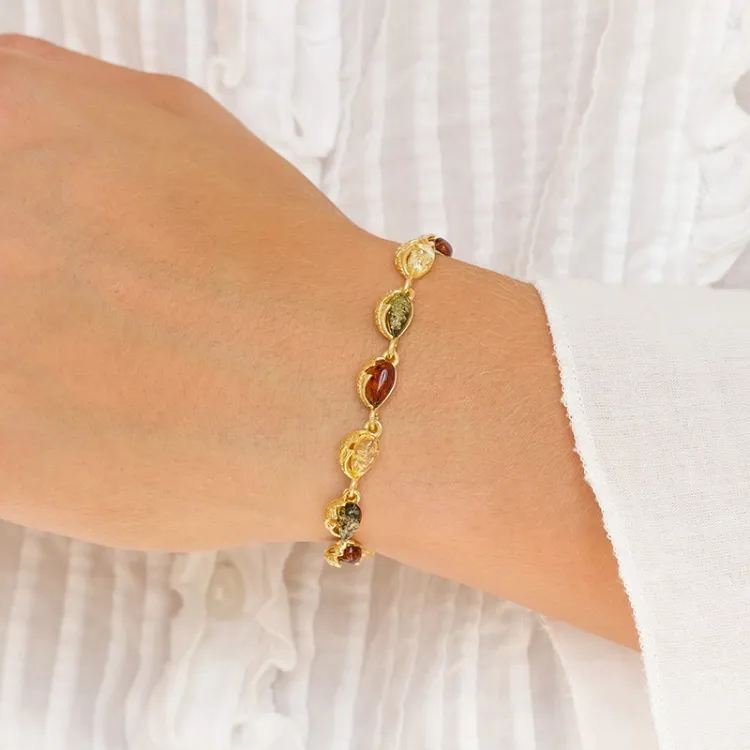elegant veelkleurig barnsteen armband in verguld sterlingzilver