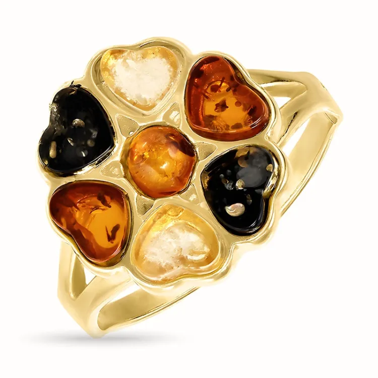 bloem veelkleurig barnsteen ring in verguld sterlingzilver