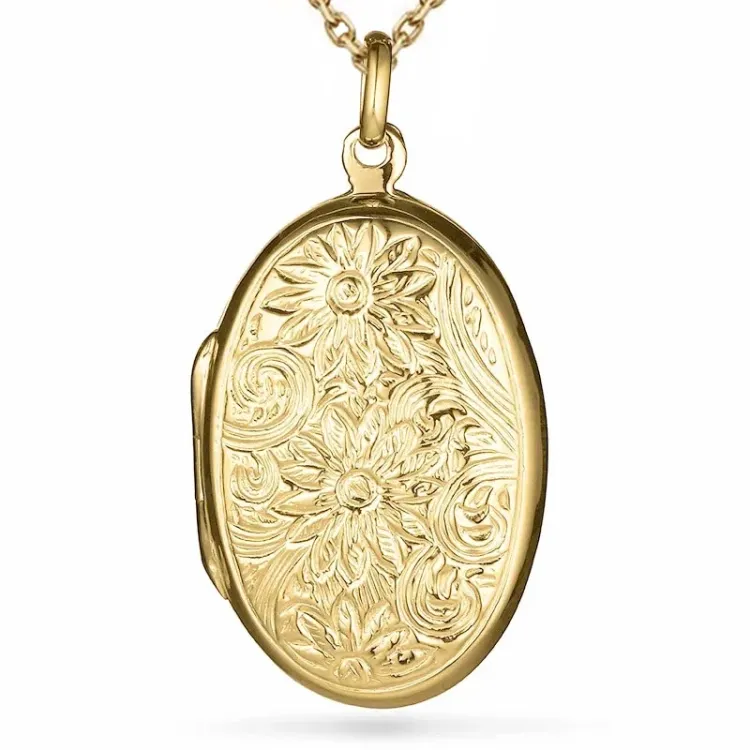 ovaal bloem ketting in verguld sterlingzilver met medaillon in verguld sterlingzilver