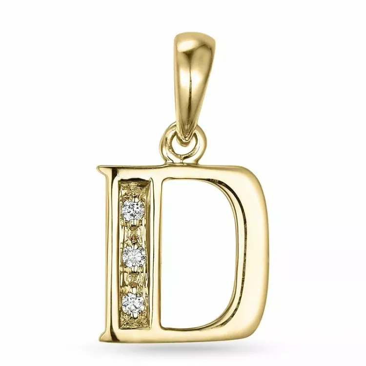 letter d diamant hanger in 9 caraat goud 0,02 ct