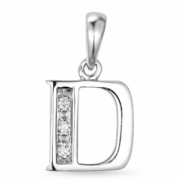 letter d diamant hanger in 9 caraat witgoud 0,02 ct