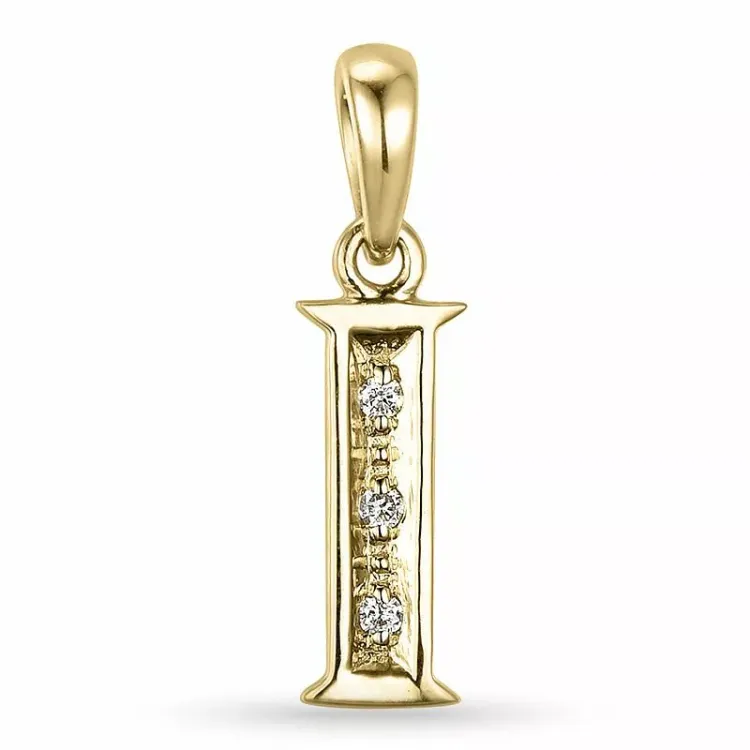 letter i diamant hanger in 9 caraat goud 0,02 ct