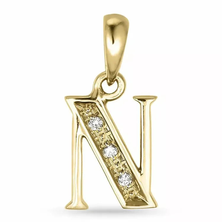letter n diamant hanger in 9 caraat goud 0,02 ct