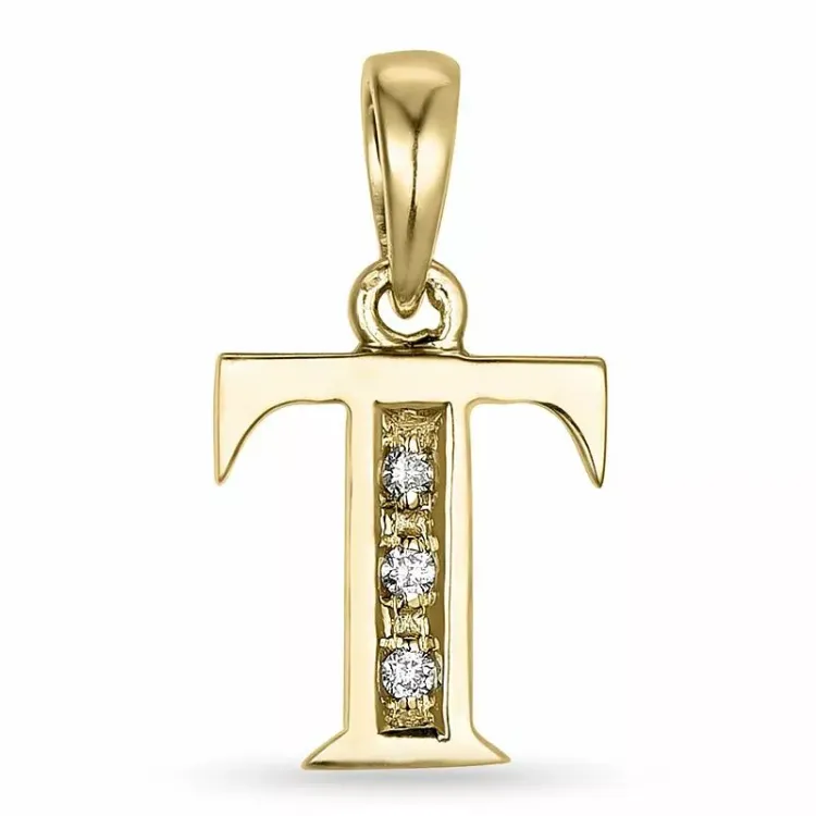 Letter t diamant hanger in 9 caraat goud 0,02 ct