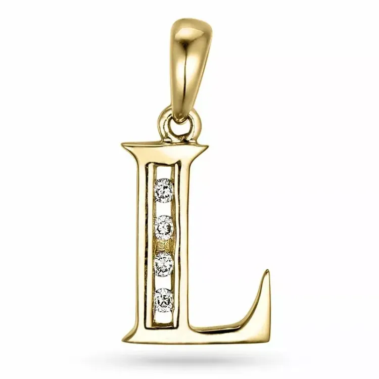 letter l diamant hanger in 9 caraat goud 0,04 ct