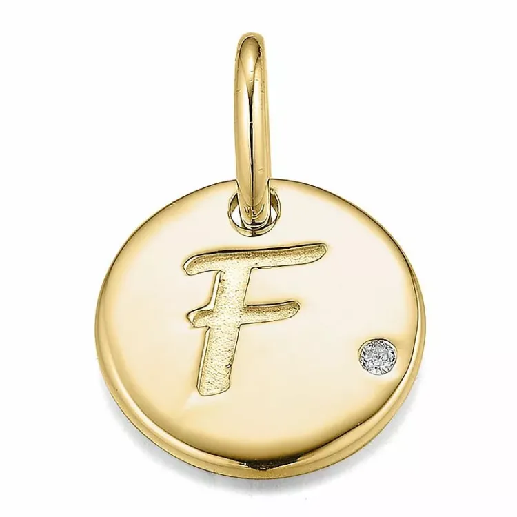 letter f diamant hanger in 9 caraat goud 0,01 ct