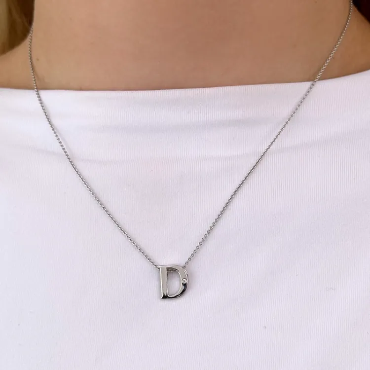 letter d diamant hanger in 9 caraat witgoud 0,01 ct