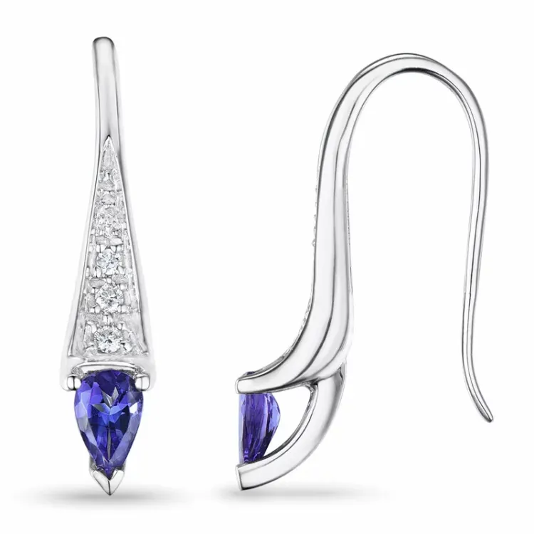 lange tanzanite briljant oorbellen in 9 karaat witgoud met tanzanite en diamant