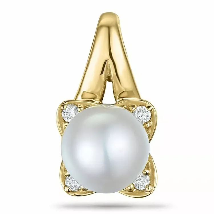Bloem parel diamanten hanger in 9 caraat goud 0,06 ct