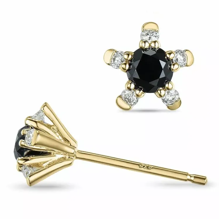bloem zwart diamant oorsteker in 9 karaat goud met diamant en zwart diamant