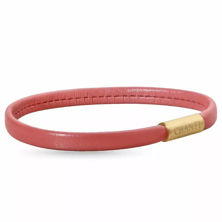Plat roze magnetische armband in leer met verguld staal slot x 6 mm