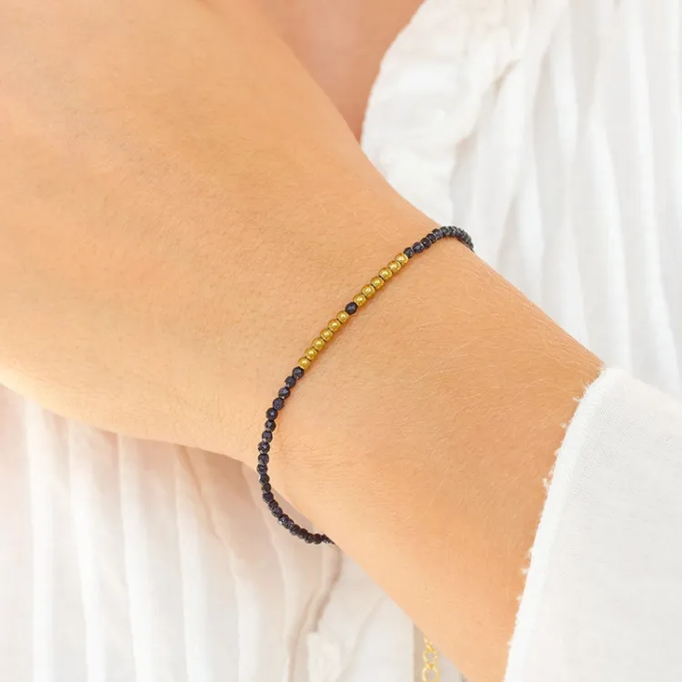 donkerblauw metallic armband met steen en hematite - Loom Stones