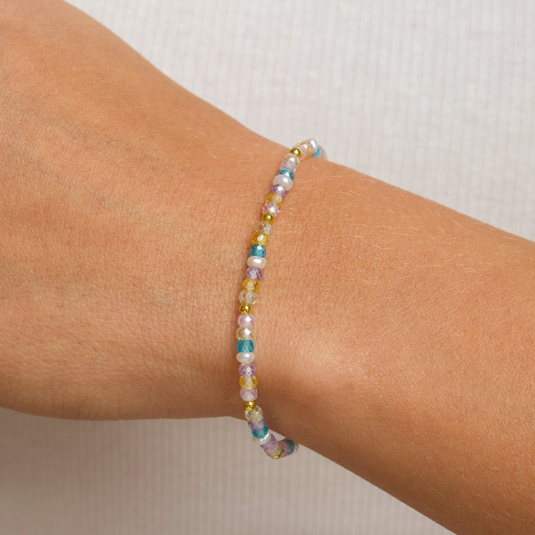 multikleurige steen armband met zoetwaterparel - Loom Stones