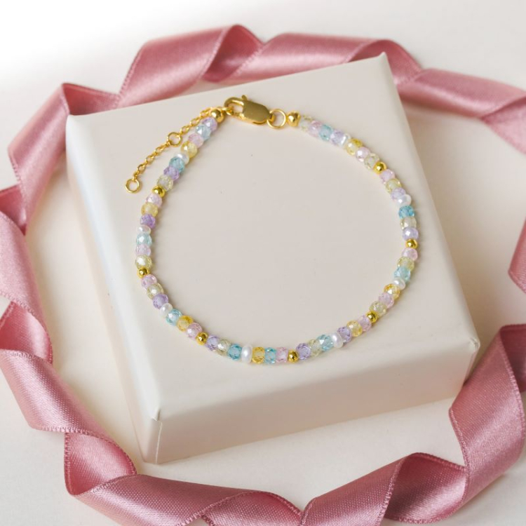 multikleurige steen armband met zoetwaterparel - Loom Stones