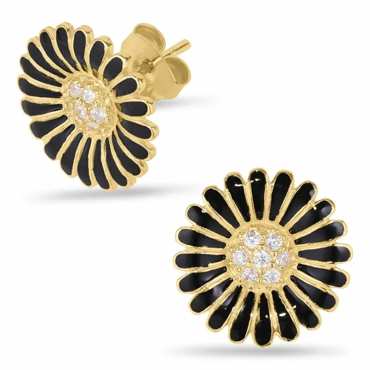 14 mm margriet zwart zirkoon oorsteker in verguld zilver - Matilda