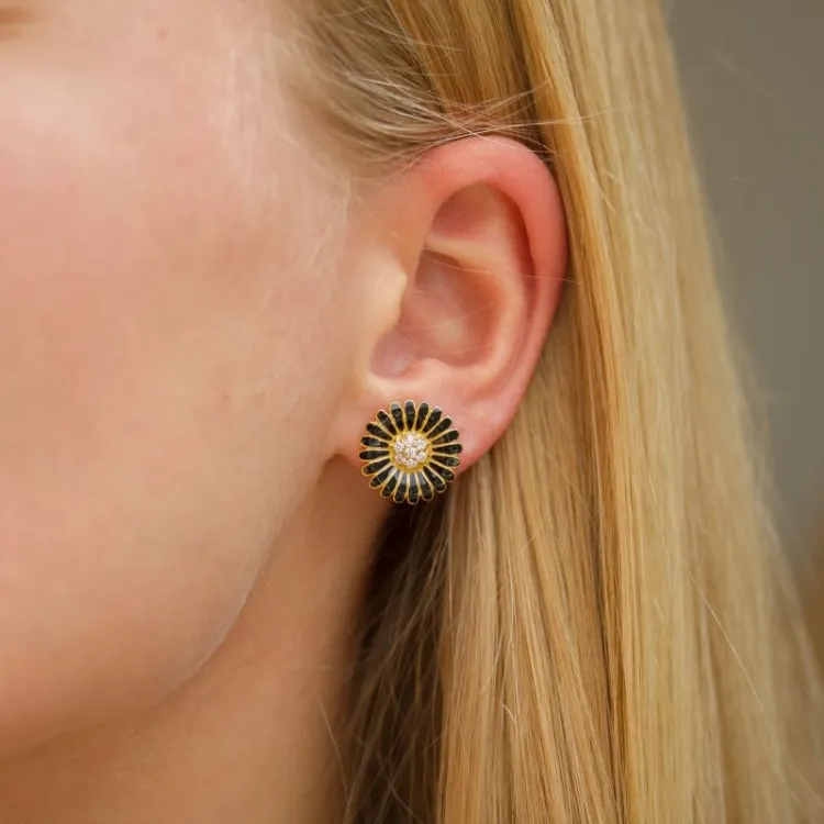 14 mm margriet zwart zirkoon oorsteker in verguld zilver - Matilda