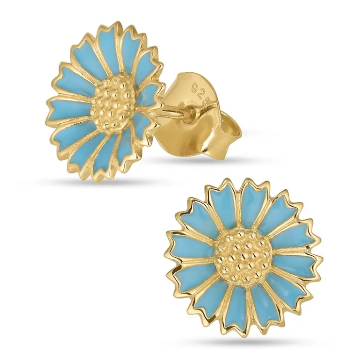 11 mm margriet blauwe oorsteker in verguld sterlingzilver - Marie