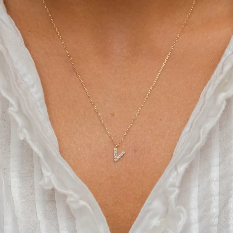letter v zirkoon ketting met hanger in 8 karaat goud - My Letter