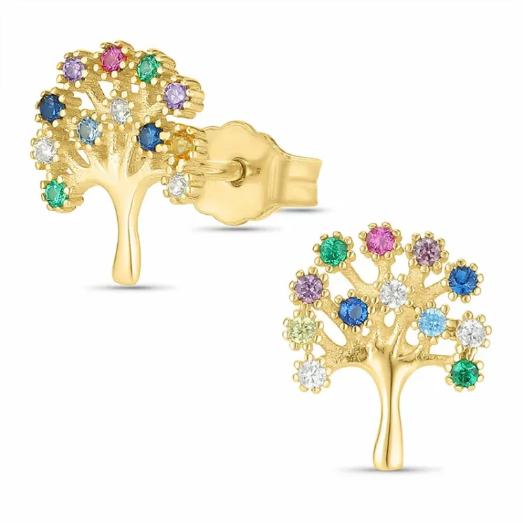 boom van het leven multikleurige oorsteker in 8 karaat goud met zirkoon - Gold Collection