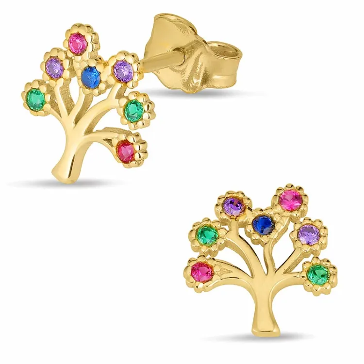 boom van het leven multikleurige oorsteker in 8 karaat goud met zirkoon - Gold Collection