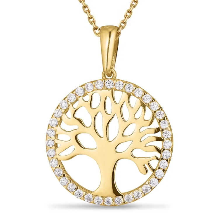 15 mm boom van het leven ketting in verguld sterlingzilver met hanger in 8 karaat goud