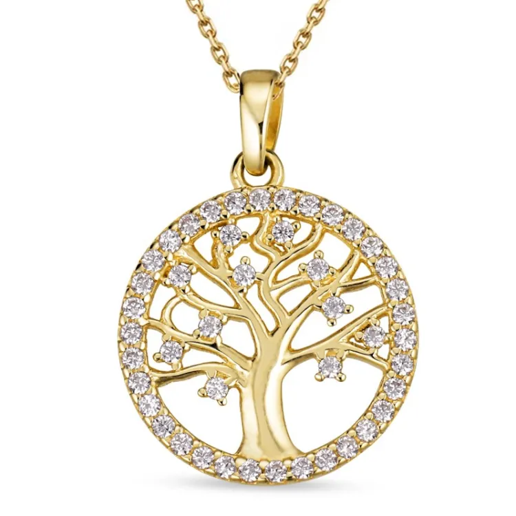 14 mm boom van het leven ketting in verguld sterlingzilver met hanger in 8 karaat goud - Gold Collection