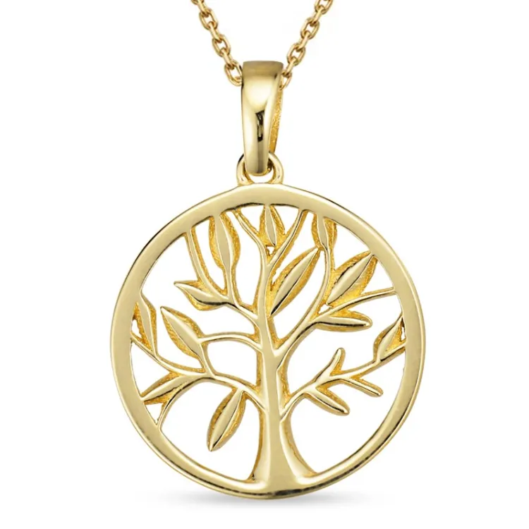 14 mm boom van het leven ketting in verguld sterlingzilver met hanger in 8 karaat goud - Gold Collection