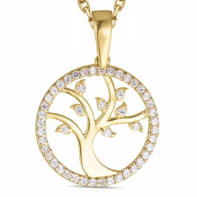 16 mm boom van het leven zirkoon ketting in verguld sterlingzilver met hanger in 8 karaat goud - Gold Collection