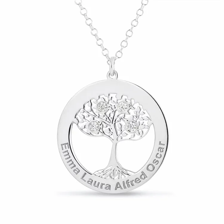 boom van het leven Naamkettingen met hanger in zilver met witte swarovski kristal