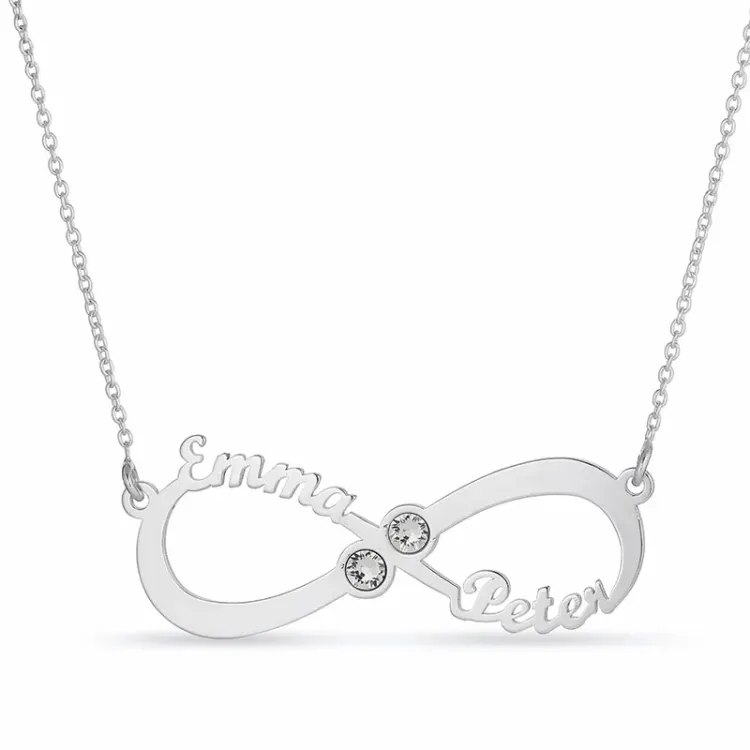 infinity Naamkettingen met hanger in zilver met 2 witte kristallen