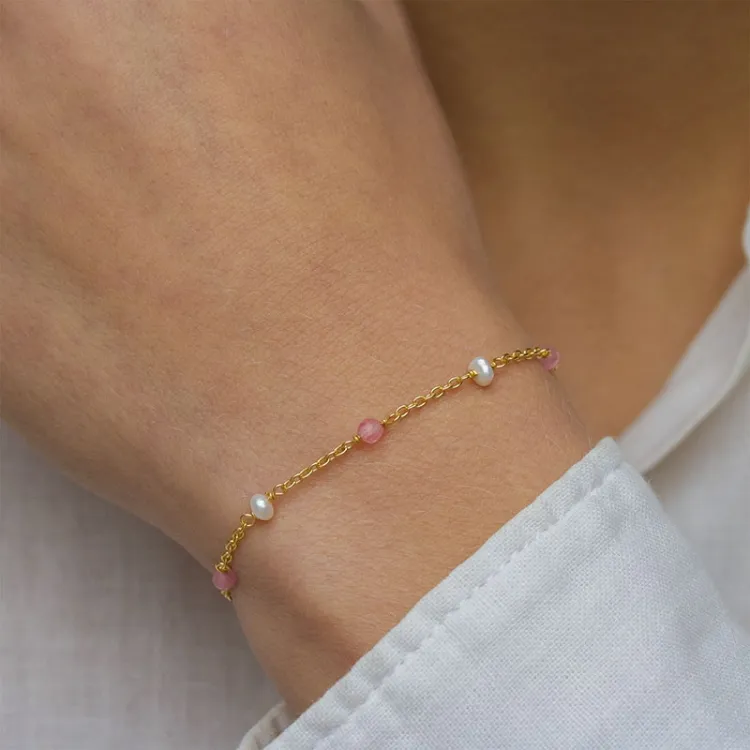 roze kwarts armband in verguld sterlingzilver  x 4 mm  - Loom Stones