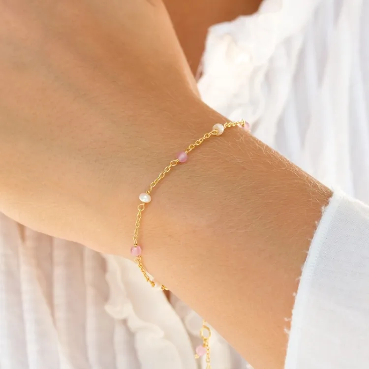 roze kwarts armband in verguld sterlingzilver  x 4 mm  - Loom Stones