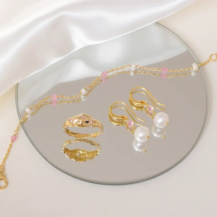 roze kwarts armband in verguld sterlingzilver  x 4 mm  - Loom Stones