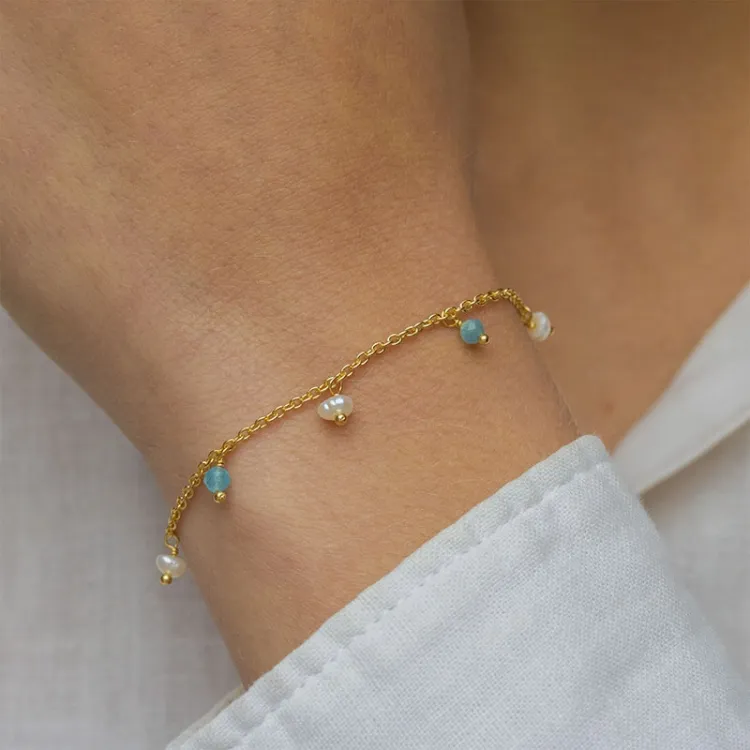 blauwe calcedon armband in verguld sterlingzilver  x   - Loom Stones