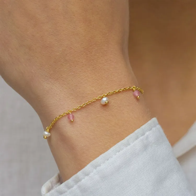 pink kwarts armband in verguld sterlingzilver  x   - Loom Stones