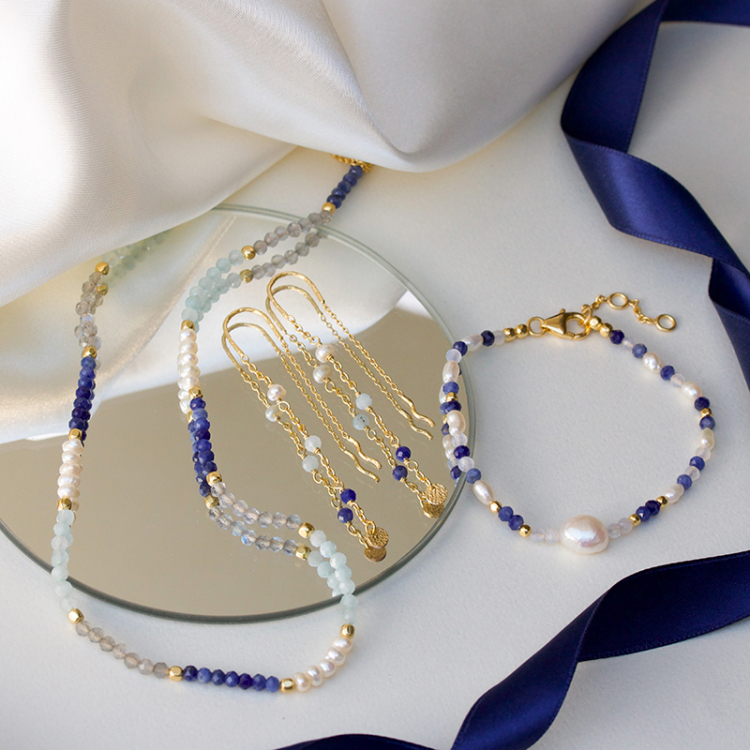 blauwe armband in verguld sterlingzilver - Loom Stones