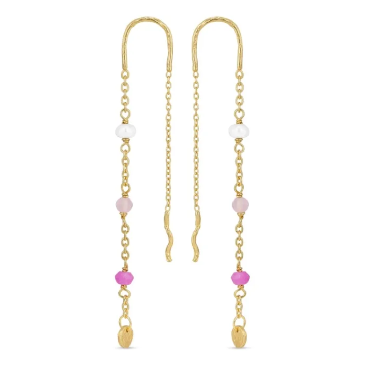 lange pink ketting oorbellen in verguld sterlingzilver - Loom Stones