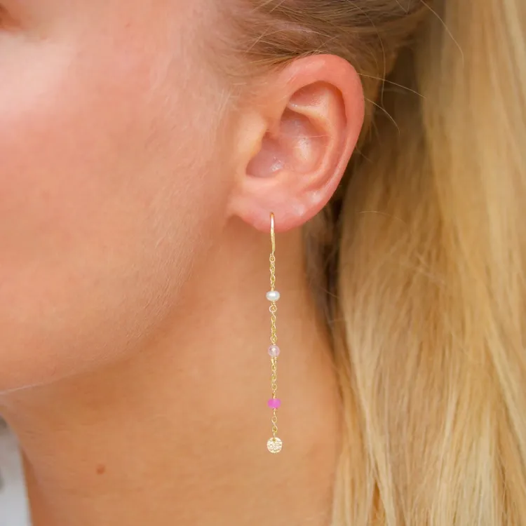 lange pink ketting oorbellen in verguld sterlingzilver - Loom Stones