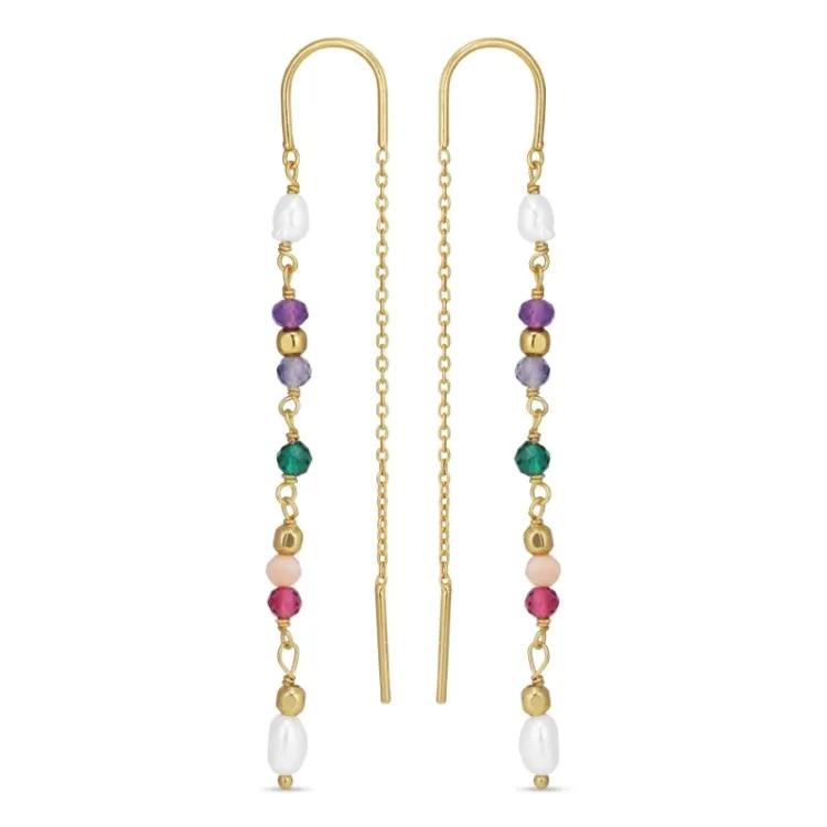 lange multikleurige ketting oorbellen in verguld zilver - Loom Stones