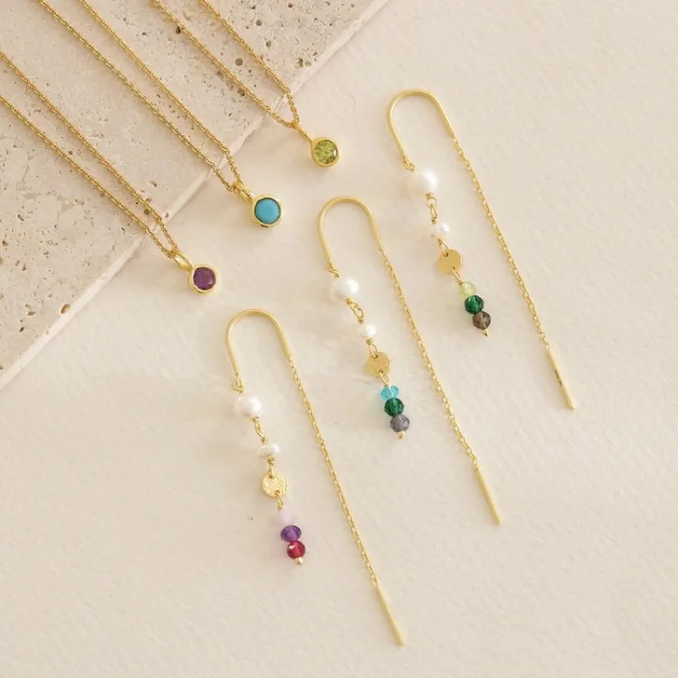lange groene ketting oorbellen in verguld sterlingzilver - Loom Stones